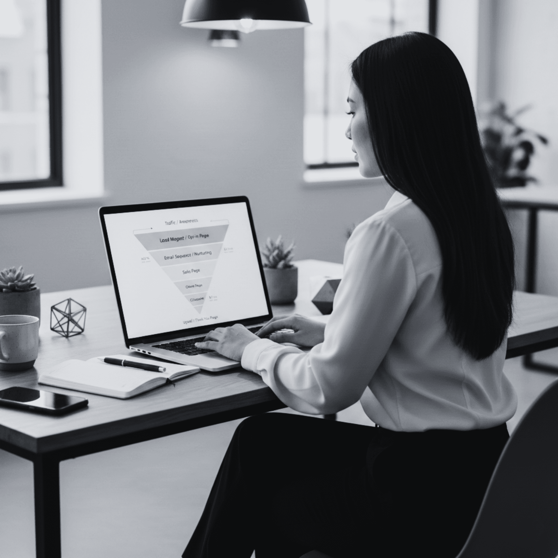Marketer designing a sales funnel on a laptop