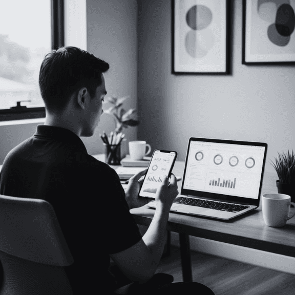 Entrepreneur using a mobile app alongside a laptop